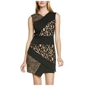 BCBGMAXAZRIA Dress Womens 12 Black Lace Sheath Mini Asymmetric Ruffle Layered